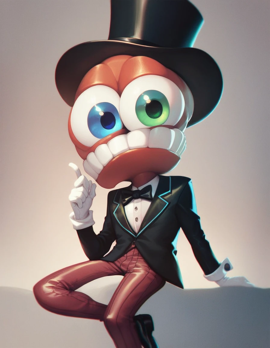 caine, solo, gloves, 1boy, hat, bow, sitting, male focus, white gloves, bowtie, top hat teeth for head, 2 big eyes, blue eyes, green eyes, heterochromia, source