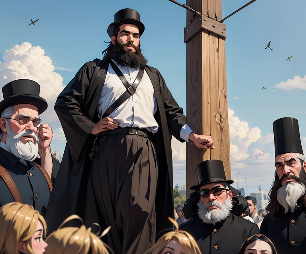 Twelve short ultra-Orthodox Jews with beards run away from three giant, strong and heroic gentiles tall as high as the sky in everyone's eyes there are grasshoppers
