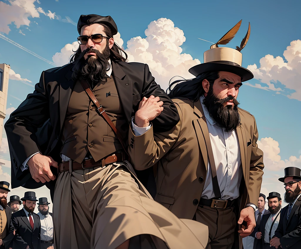 Twelve short ultra-Orthodox Jews with beards run away from three giant, strong and heroic gentiles tall as high as the sky in everyone's eyes there are grasshoppers