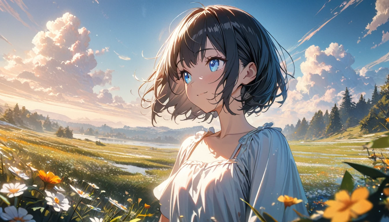 1girl, solo, gentle smile on her face flat chest, short hair, black hair, upper body, blue eyes, (detailed eyes), ((masterpiece, illustration, best quality)) ((best quality)), ((masterpiece)), background: Summer, meadows, a few small flowers, clear lakes, heaven, large clouds, blue sky, hot weather, HD detail, hyper-detail, cinematic, surrealism, soft light, deep field focus bokeh, distant vistas are snowy mountains, ray tracing, and surrealism. --v6