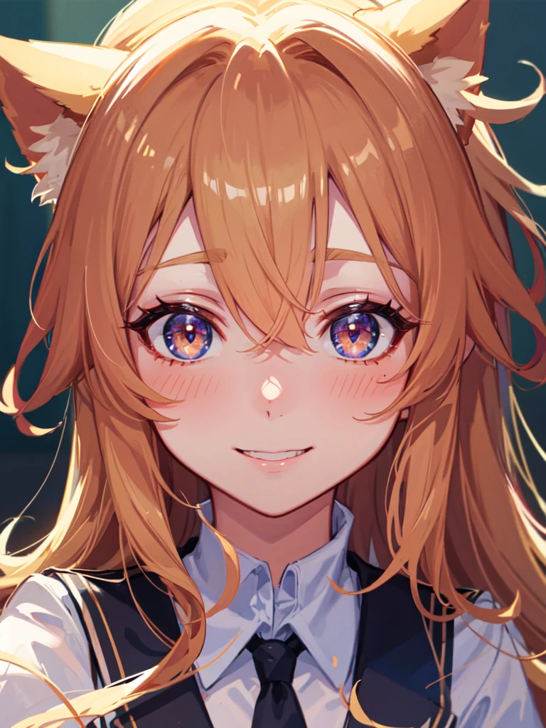 hair over shoulder, wavy hair, hair strand, shiny hair, blonde hair, eye reflection, glowing eyes, slit pupils, amber eyes, cat ears, smile, blush, glint, happy, anime, anime style, En plein air, high detail, cinematic lighting, ray tracing, reflection light, masterpiece, accurate, anatomically correct, super detail, high details, high quality, best quality, highres, 4K
