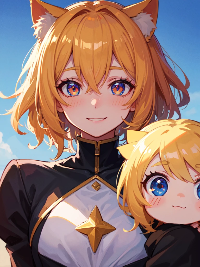 hair over shoulder, wavy hair, hair strand, shiny hair, blonde hair, eye reflection, glowing eyes, slit pupils, amber eyes, cat ears, smile, blush, glint, happy, anime, anime style, En plein air, high detail, cinematic lighting, ray tracing, reflection light, masterpiece, accurate, anatomically correct, super detail, high details, high quality, best quality, highres, 4K
