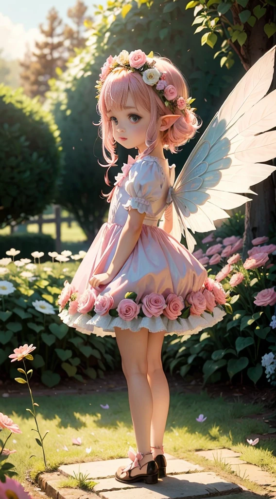 cute little fairy pink wings angel wings pink hair pointy ears flower crown flower dress lots of flowers leaves standing on a big flower