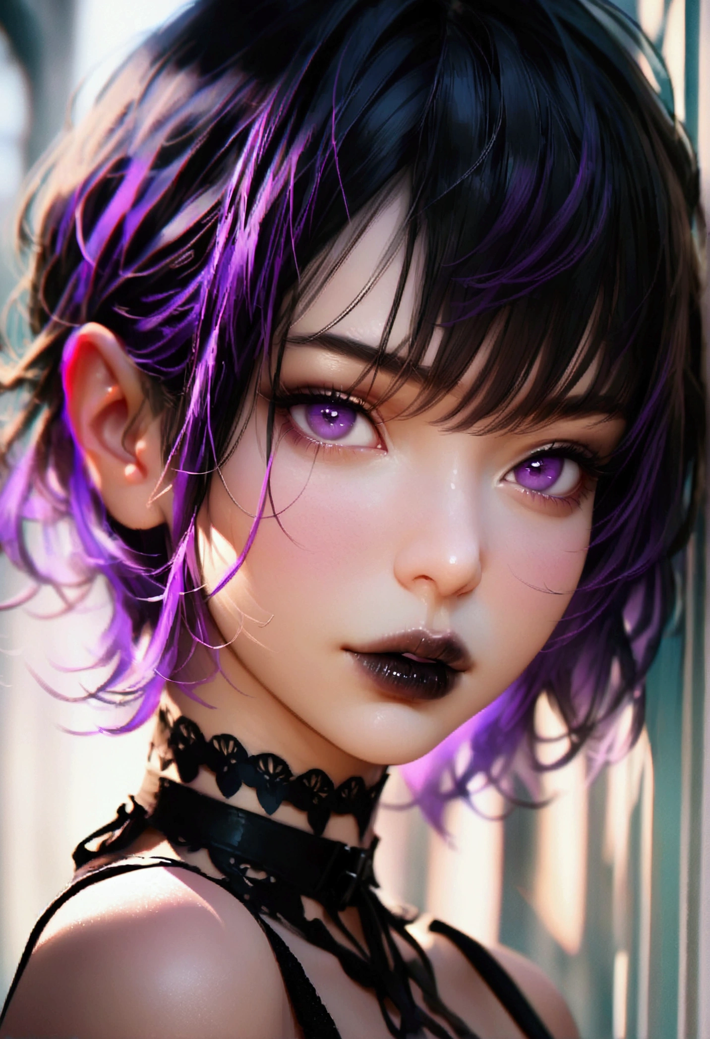 masterpiece,(best quality,top quality,8k),realistic,detailed eyes and face,(1girl), purple eyes, black hair, messy hair, short hair, hair between eyes, pixie cut, goth, gothic, choker, black lips, (black dress:1.2), pretty girl, beauty skin, ultra high res, raw photo , detailed body ,(puffy eyes) ,good contrast , high sharpness,(gorgeous),realistic,RAW Photography,(hyperdetailed:1.2)