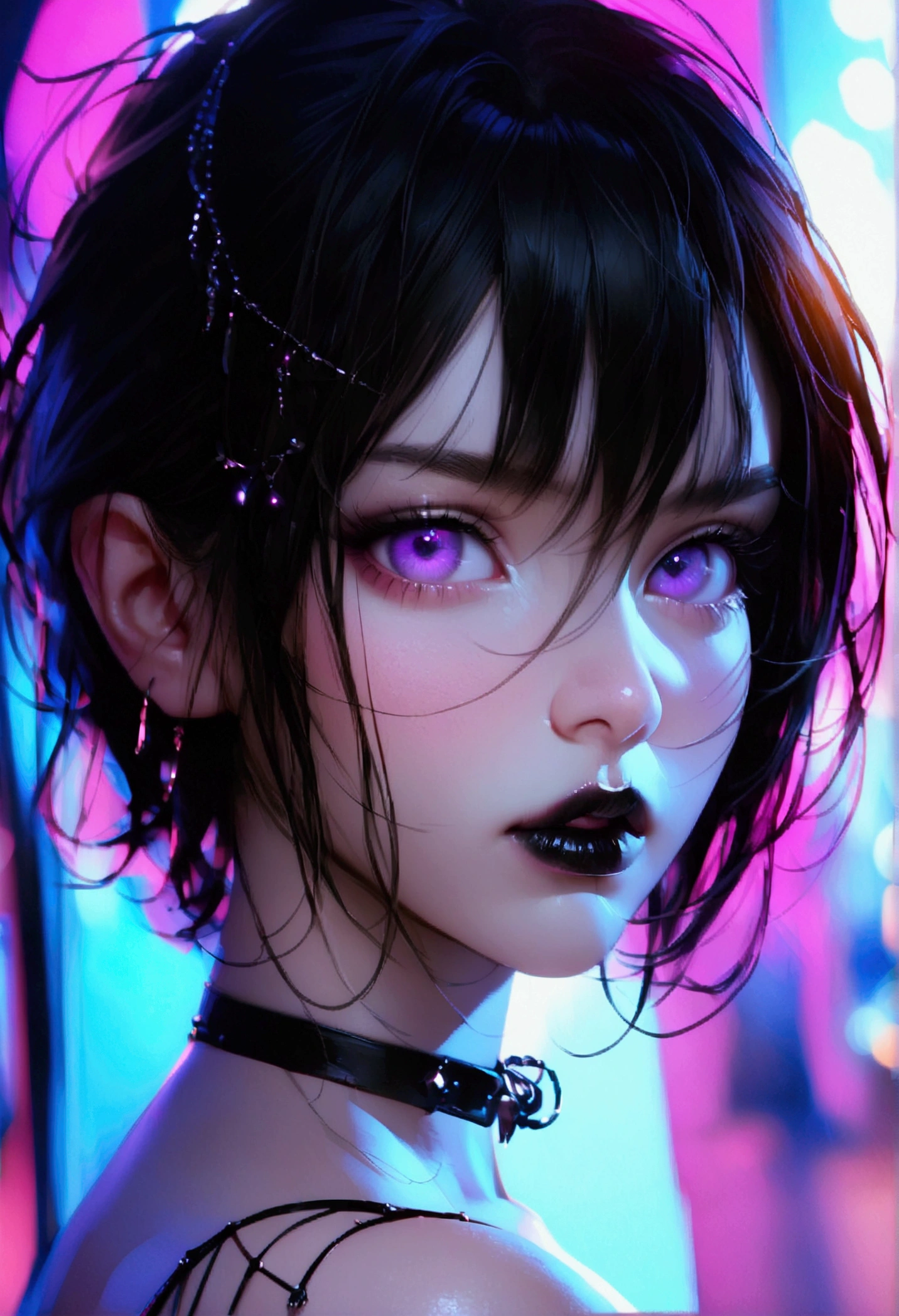 masterpiece,(best quality,top quality,8k),realistic,detailed eyes and face,(1girl), purple eyes, black hair, messy hair, short hair, hair between eyes, pixie cut, goth, gothic, choker, black lips, (black dress:1.2), pretty girl, beauty skin, ultra high res, raw photo , detailed body ,(puffy eyes) ,good contrast , high sharpness,(gorgeous),realistic,RAW Photography,(hyperdetailed:1.2)