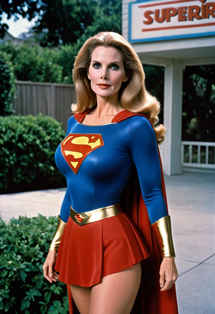 super old Julie Hagerty Supergirl 1982s DC Comics Costume; HD. Photograph, ((realism)), extremely high quality RAW photograph, ultra detailed photograph, sharp focus, high resolution, (detailed skin:1,3),high quality, film grain, Fujifilm XT3,Highly Detailed, movie, (Cinematic Photo:1.3) of (Realistic:1.3); 2000s movies