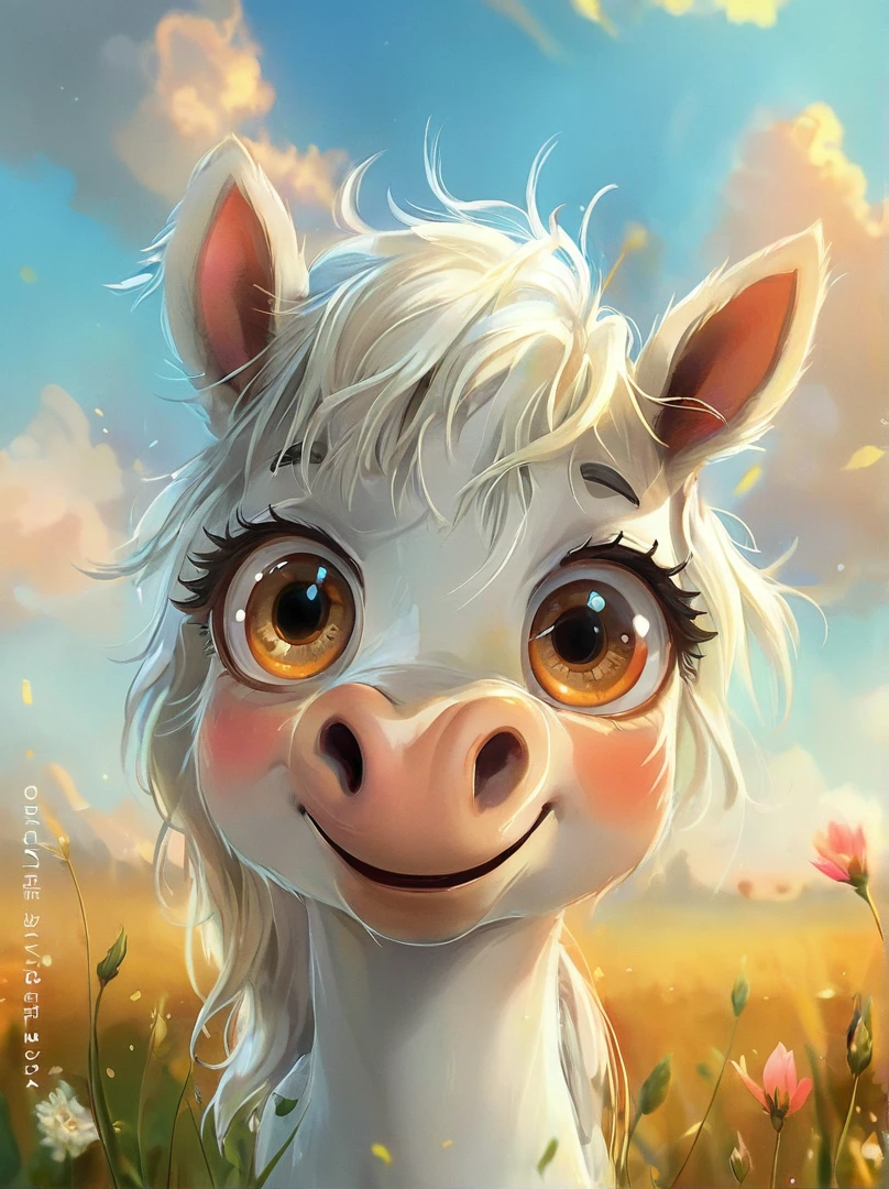 A charming digital painting of a horse with large eyes standing in a field. The artwork is detailed, cute, and beautifully rendered, showcasing a captivating cartoon style. It's a winning entry in a Behance art contest, highlighting its high quality and artistic merit.