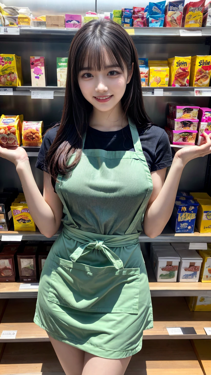 (highest quality、table top、8K、best image quality、Award-winning work)、a woman working at a convenience store、(The most natural and perfect green plain simple apron:1.2)、classy shirt、(big breasts:1.1)、Colossal tits, (emphasize body line:1.1)、(standing elegantly:1.1)、beautiful woman portrait、The most natural and perfectly organized convenience store、Convenience store shelves in the background、Perfectly organized shelves、Regularly arranged natural product shelves、(very bright and vivid:1.2)、Strongly blurred background、look at me and smile、(accurate anatomy:1.1)、Super high resolution perfect beautiful teeth、Ultra high definition beauty face、ultra high definition hair、Super high-definition sparkling eyes、(Shining beautiful skin with ultra-high resolution:1.3)、(Shining beautiful skin:1.2)、Super high resolution glossy lips