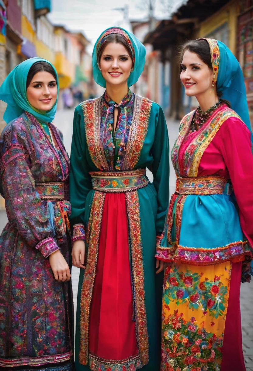 three women in colorful clothing standing next to each other on a street, traditional clothes, beautiful iranian woman, traditional clothing, beautiful women, wearing traditional garb, traditional costume, beautiful girls, beautiful faces, wearing authentic attire, russian clothes, traditional dress, ethnic group, wearing ornate clothing, festival of rich colors, ukrainian national clothes, traditional russia, traditional romanian clothing