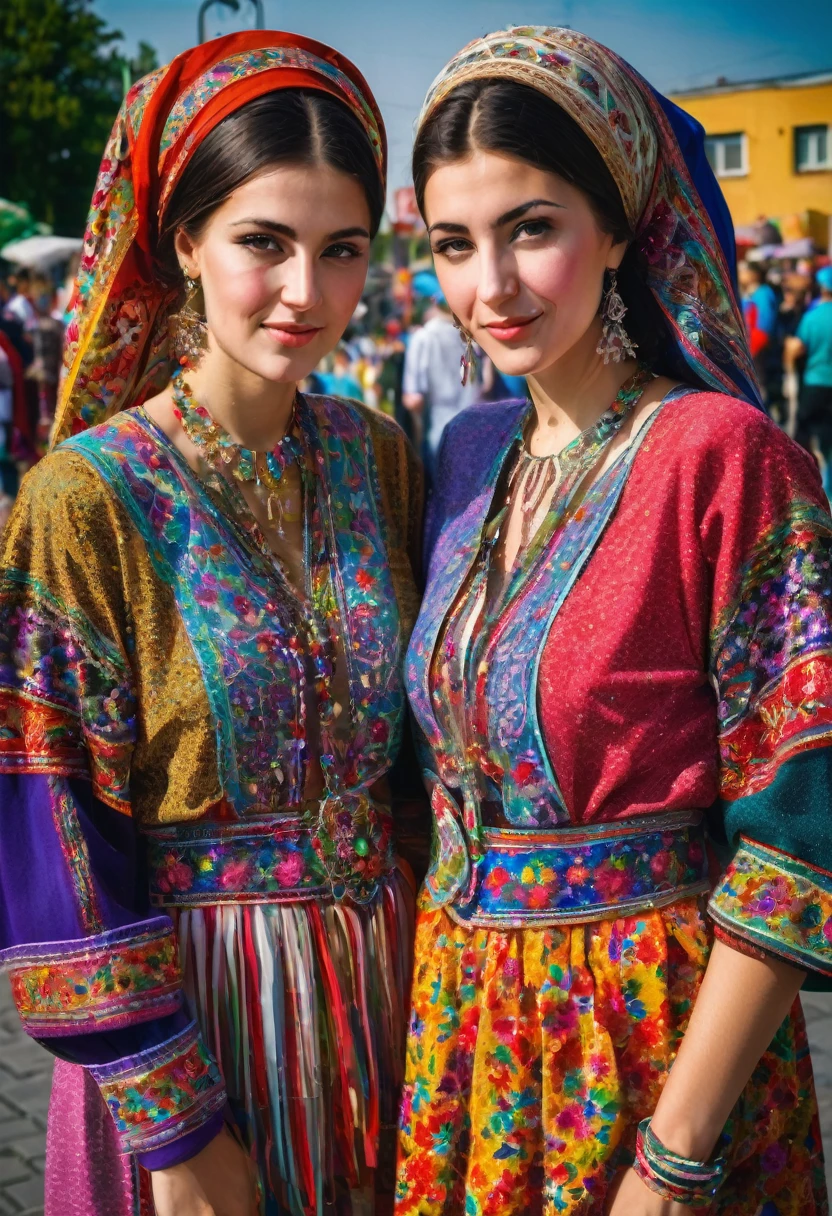 three women in colorful clothing standing next to each other on a street, traditional clothes, beautiful iranian woman, traditional clothing, beautiful women, wearing traditional garb, traditional costume, beautiful girls, beautiful faces, wearing authentic attire, russian clothes, traditional dress, ethnic group, wearing ornate clothing, festival of rich colors, ukrainian national clothes, traditional russia, traditional romanian clothing