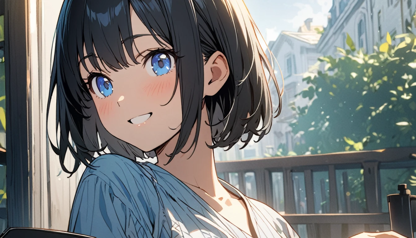 (1girl in),(beautiful blue eyes finely detailed、Face to detail、masterpiece sidelighting、masterpiece、top-quality、detaileds、High resolution illustration),Woman using laptop on the open terrace of a fashionable café、18year old、OL、Everyday clothes、A smile、frontage、The upper part of the body、black hair、Short bob hair、The upper part of the body、
