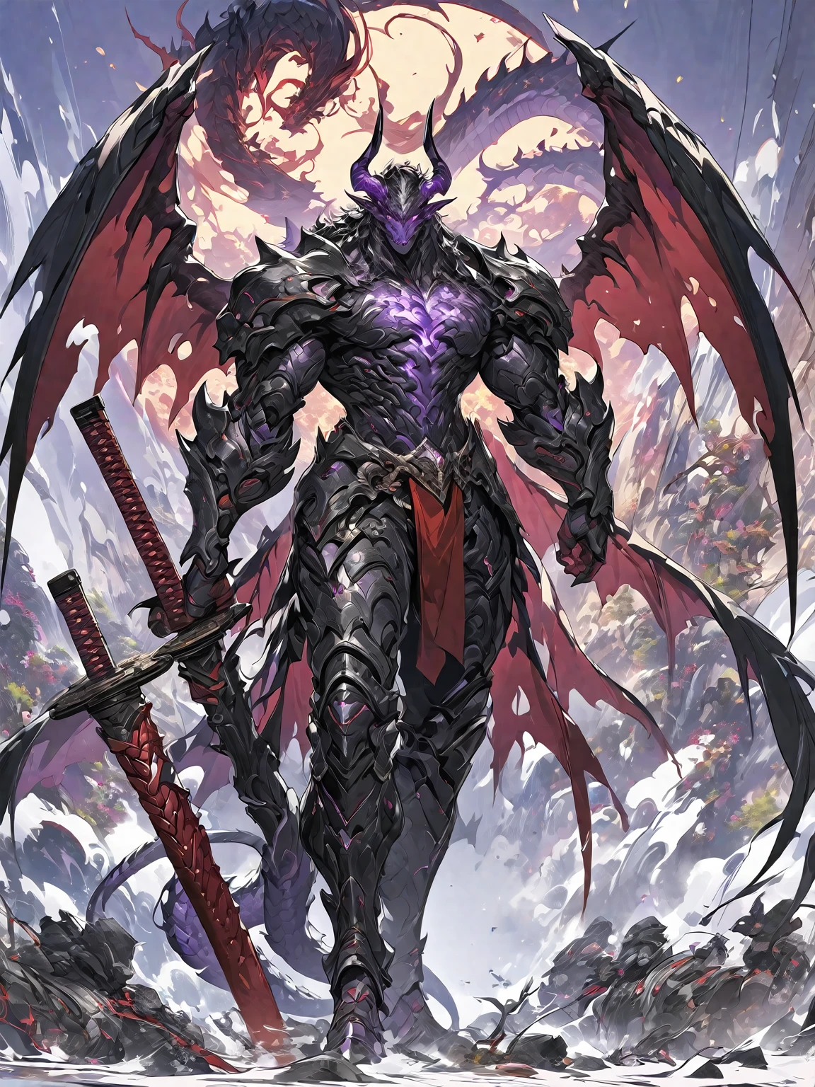 Best quality 8K resolution, Highly detailed, Digital Painting, Concept art, of the highest quality, One, beautiful face, 1 man, adult man, with a relief body, V-shaped body, black detailed armor with glowing purple details, black demonic horns, with large and long dragon wings, short hair, black hair, purple with red tones reptile eyes, a man has a huge and long katana in his hand, Against the background of war
