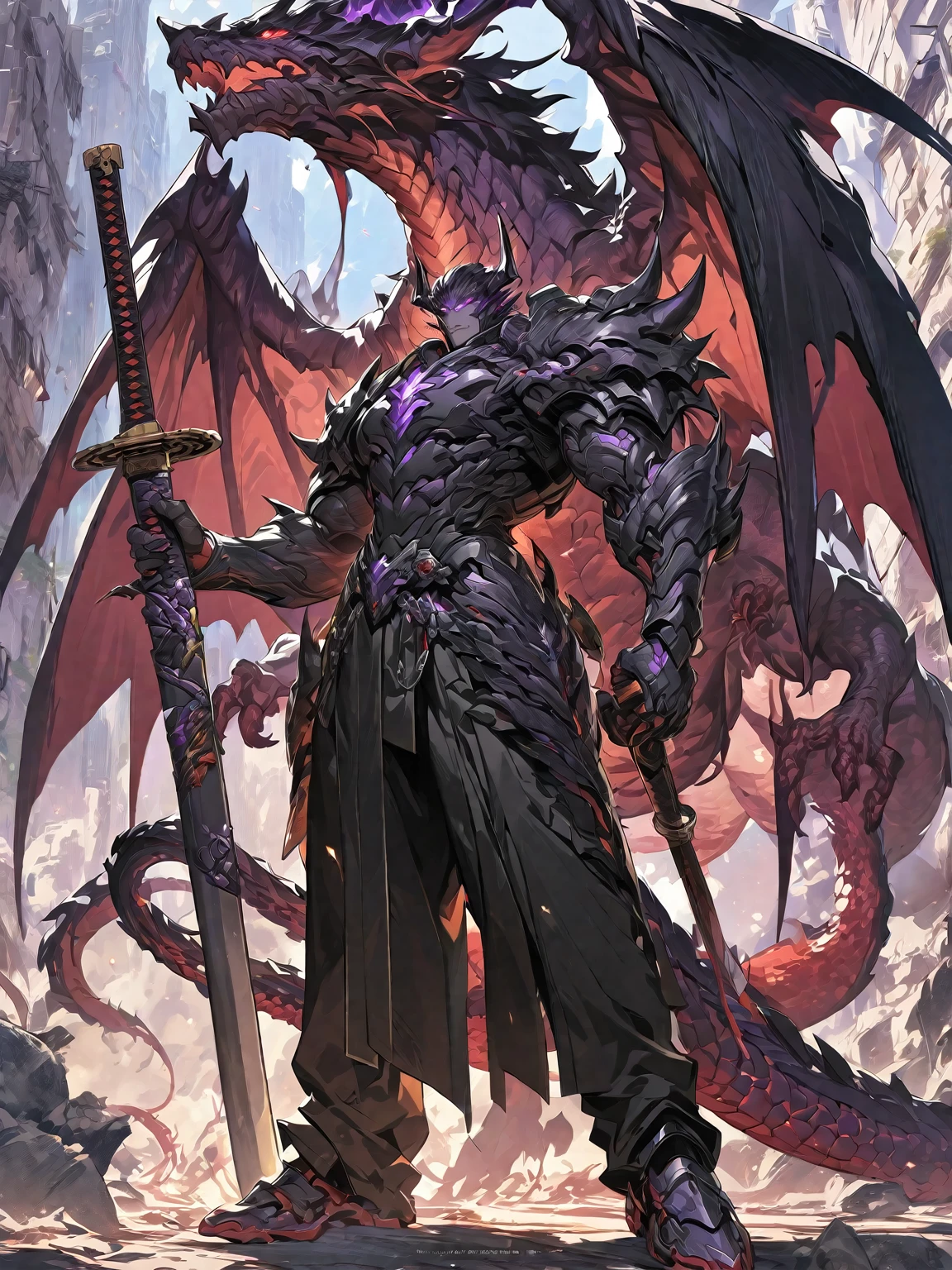 Best quality 8K resolution, Highly detailed, Digital Painting, Concept art, of the highest quality, One, beautiful face, 1 man, adult man, with a relief body, V-shaped body, black detailed armor with glowing purple details, black demonic horns, with large and long dragon wings, short hair, black hair, purple with red tones reptile eyes, a man has a huge and long katana in his hand, Against the background of war