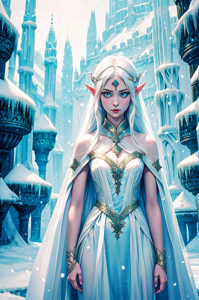 Standing alone Female Elf with Ice white eyes, Wearing a high necked silk and organza dress entirely covering her body is a Snow Elf ambassador with white hair and feathers in her hair clear to ice white eyes pale skin Elf elven woman ambassador
