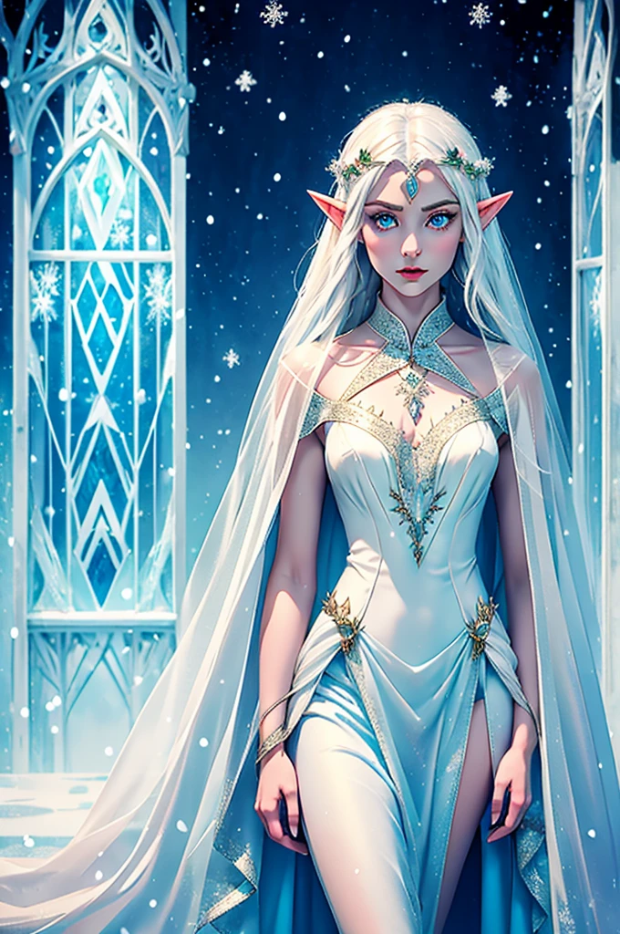 Standing alone Female Elf with Ice white eyes, Wearing a high necked silk and organza dress entirely covering her body is a Snow Elf ambassador with white hair and feathers in her hair clear to ice white eyes pale skin Elf elven woman ambassador
