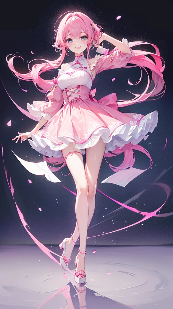 Anime girl, pink dress, cute and beautiful dress, pink balloon, full body, illustration, Guvez style artwork, Kusart Krentz art, anime artwork, CG art, anime drawing, fantasy art