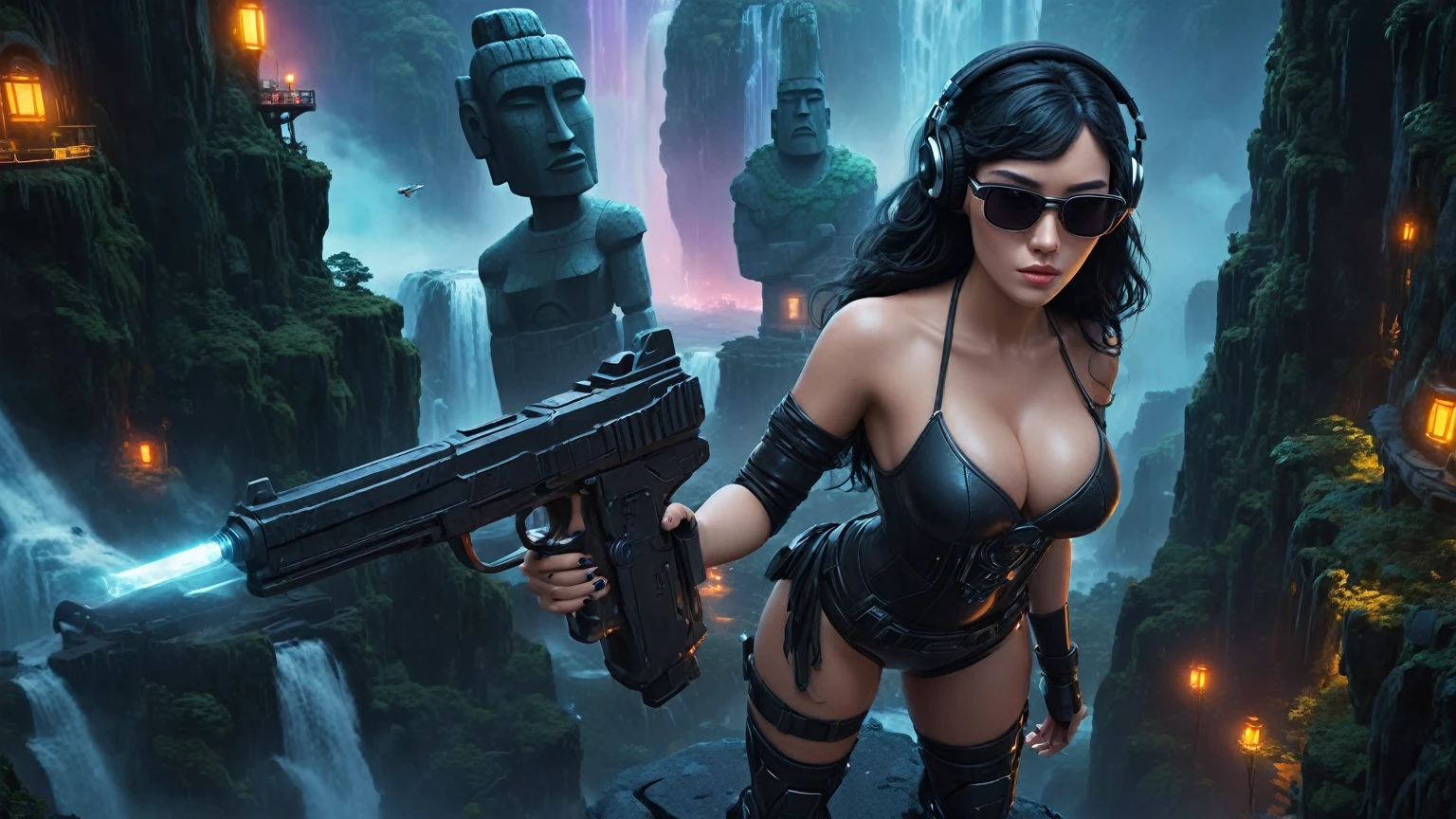 At night, dark sky, distant shot aerial view of fantasy cyberpunk style ice ((Moai-statue)) city in forest, giant waterfall, ((flying vehicle)). ((1girl, solo, alone)), medium-breast:1.1 slim body, cleavage, sexy clothes, (headphone, black sunglasses, long black realistic hair), (((hip-up standing and holding pistol))), half-body thigh level medium shot, cinematic lighting.