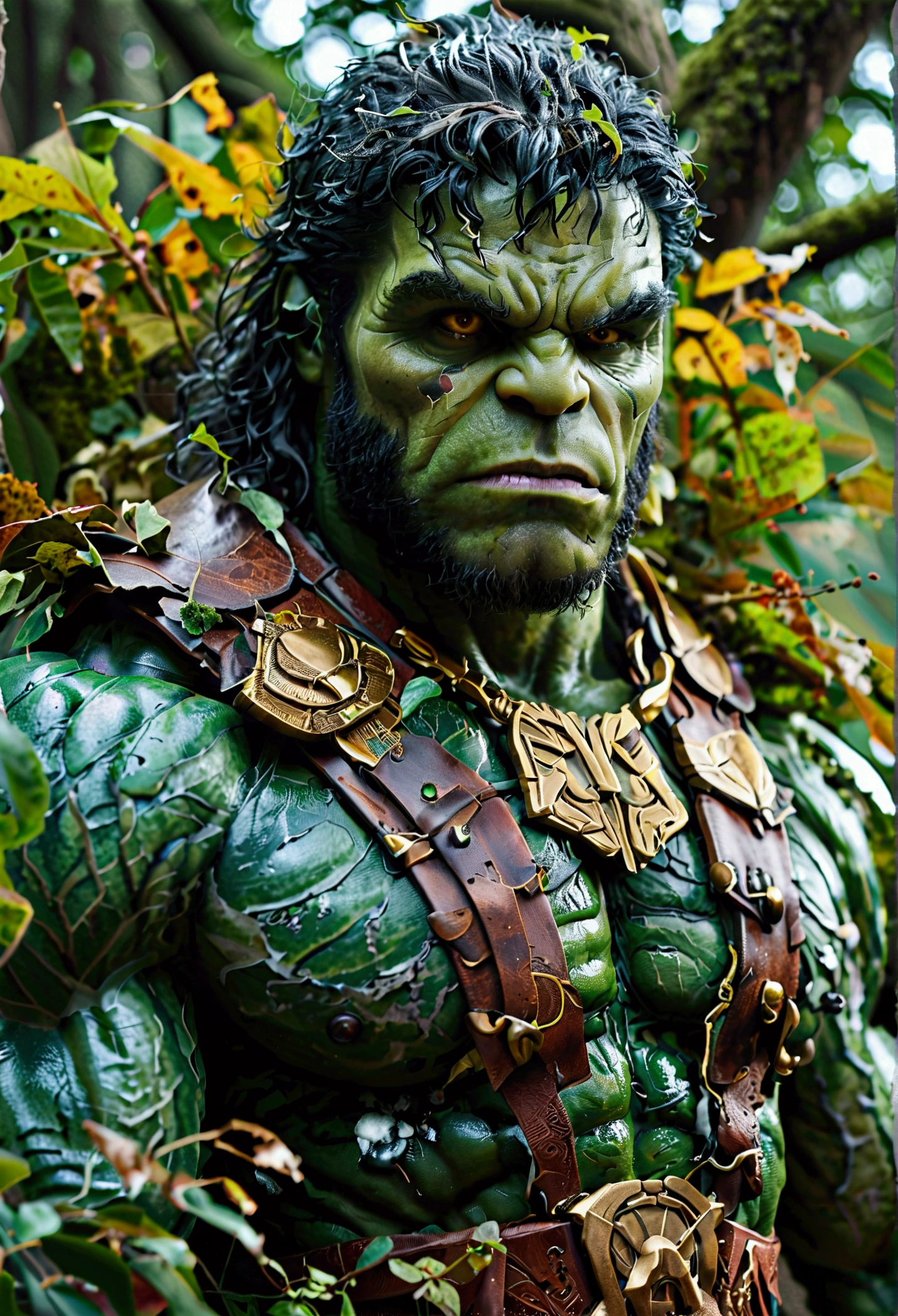 A collage artwork capturing the mythological version of the Hulk adorned in a large leather tunic, the scales and textures of the animals&#39; skin accentuating their muscular form. Ancient runic symbols embellish a golden belt wrapped around her waist, evoking an air of mystery and primal power. Tangled foliage entwines your form, merging it harmoniously with the verdant world. Your countenance is fierce, His fiery eyes light up with wild, primal energy. The details of its appearance, from the intricate patterns on his belt to the muscles adorning his grand appearance, are painstakingly rendered, exuding authenticity and greatness. This mythological incarnation of the Hulk is a breathtaking sight, mixing the hero&#39;s brute strength and indomitable rage with elements of ancient legend and deep earthly connections. Rising like an imposing mythological figure, He is a primordial being of immense power, Rooted in the heart of legend and the wilds of the earth. A truly epic and inspiring interpretation of the Hulk. proto, o prompt é: "A collage artwork capturing the mythological version of the Hulk adorned in a large leather tunic, the scales and textures of the animals&#39; skin accentuating their muscular form. Ancient runic symbols embellish a golden belt hanging from her waist, evoking an air of mystery and primal power. Tangled foliage entwines your form, merging it harmoniously with the verdant world. Your countenance is fierce, His fiery eyes light up with wild, primal energy. The details of its appearance, from the intricate patterns on his belt to the muscles adorning his grand appearance, are painstakingly rendered, exuding authenticity and greatness. This mythological incarnation of the Hulk is a breathtaking sight, mixing the hero&#39;s brute strength and indomitable rage with elements of ancient legend and deep earthly connections.
