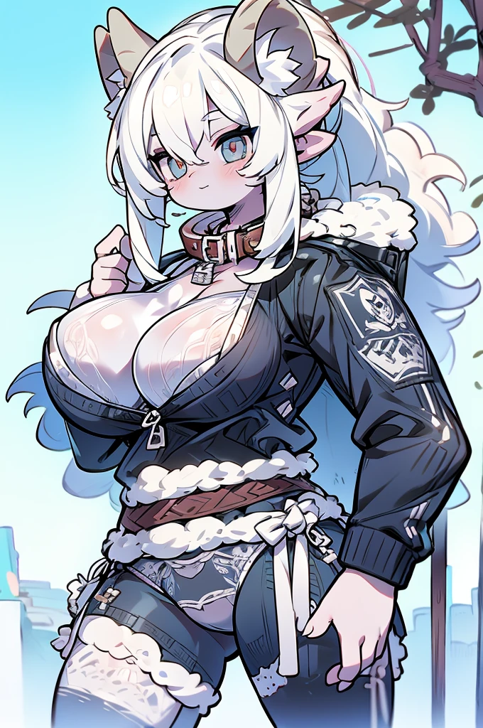 wolfman, neck collar, biker clothes, sheep in nice underwear, big tits.