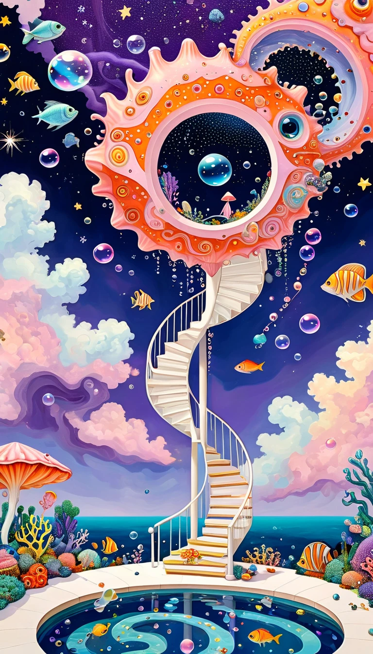 "Dick Ellescas Artist Style",3D transparent conch swimming pool in the sky,沐浴的章fish,Platform、Swimming ring、Starry Sky、cloud,fish、Tentacles、bird、Eye、Soap bubbles,diatom,Spiral Staircase,Stitching together an abstract painting,Describing the inner world of autistic people,Sense of space,White Space,interesting,Innocence,Psychedelic Art,Dense pointillism,Pink theme,Bold contrasts,Purple and Orange