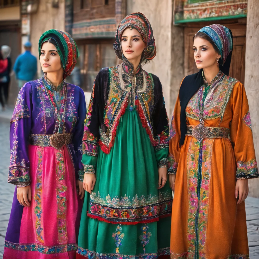 three women in colorful clothing standing next to each other on a street, a portrait by Miroslava Sviridova, shutterstock, qajar art, traditional clothes, beautiful iranian woman, traditional clothing, beautiful women, wearing traditional garb, traditional costume, beautiful girls, beautiful faces, wearing authentic attire, traditional dress, russian clothes, ethnic group, wearing ornate clothing