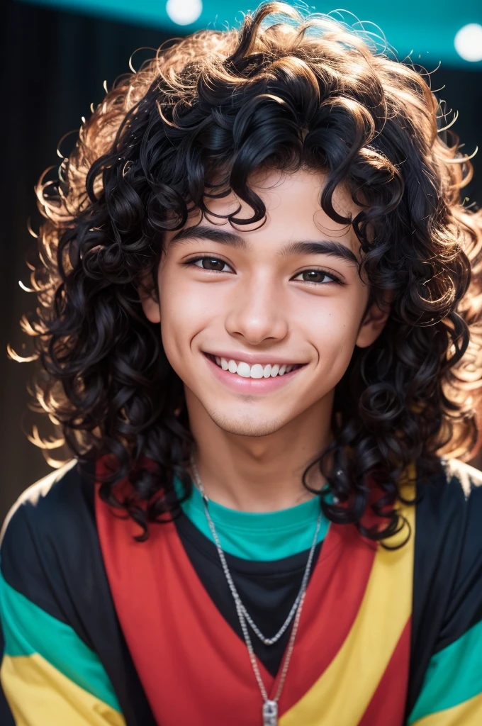 age boy smiling and being the happiest in the world, perfect lighting, black and curly hair, eyes locked, side lighting, face detailed, bangss, shining skin, cheerful little colorful background