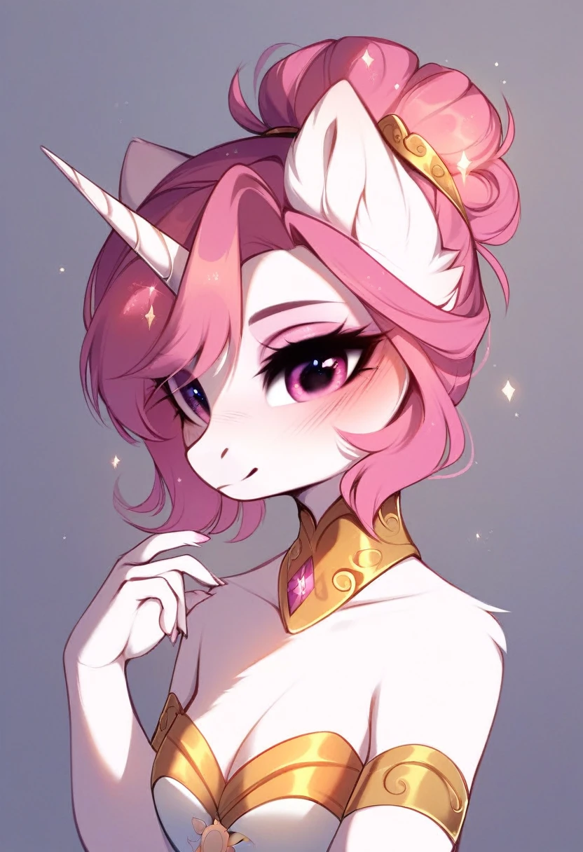 check_9, check_8_up, check_7_up, source_fluffy, rating_safe, from Magnaluna, Celestia poses seductively in a white bedroom, dark pink mane with gold stripes in it, hair bun with bangs, pink eyes, white body, anthro, blushing, wearing goldern lingerie 