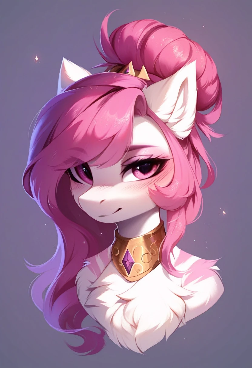check_9, check_8_up, check_7_up, source_fluffy, rating_safe, from Magnaluna, Celestia poses seductively in a white bedroom, dark pink mane with gold stripes in it, hair bun with bangs, pink eyes, white body, anthro, blushing, wearing goldern lingerie