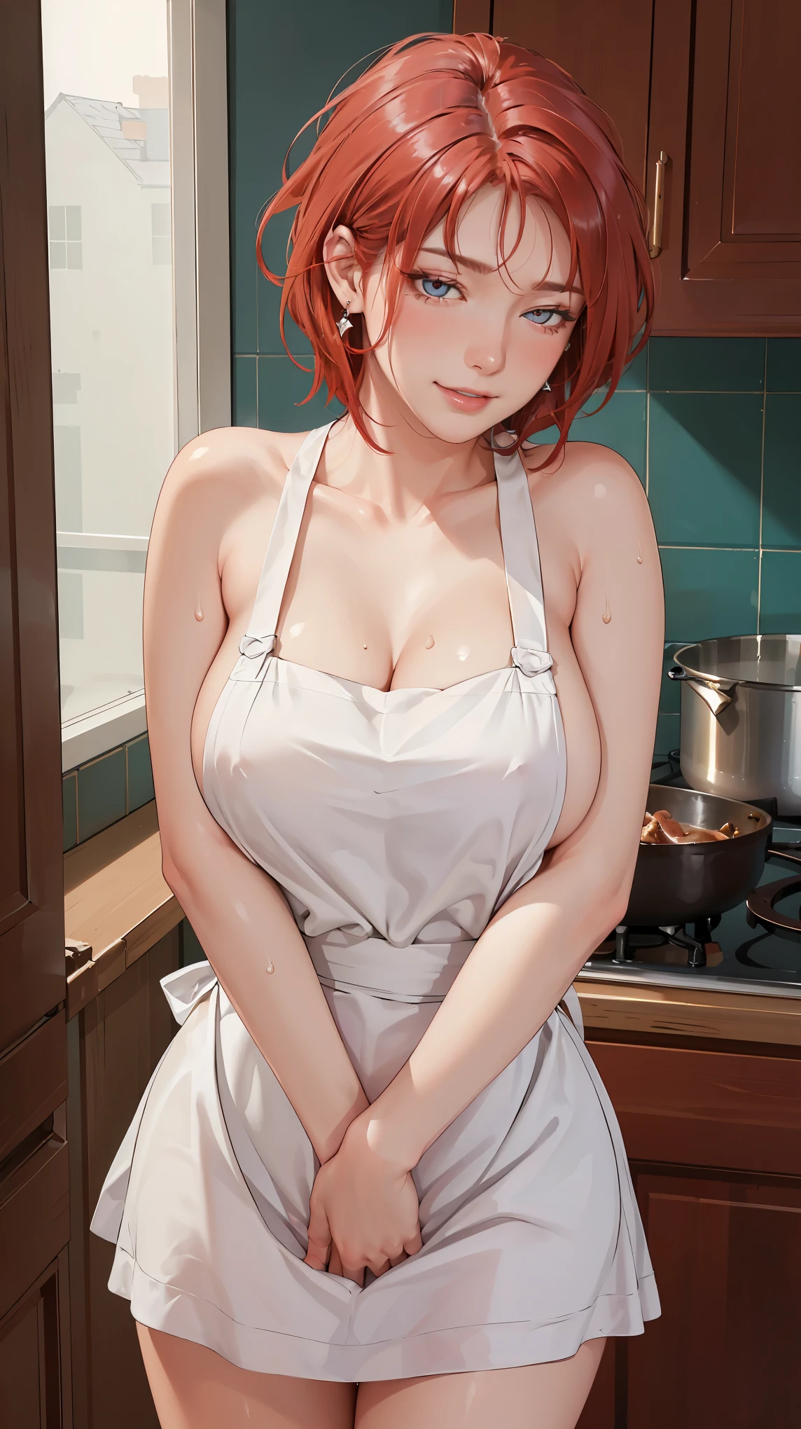 ((((masterpiece, best quality, high resolution)))), Extremely detailed 8K, Beautiful girl with voluptuous body, (Ultra HD, Ultra-detailed, Highly detailed, Highly realistic, Ultra-realistic, photograph realistic), (1girl:1.5), (Realistic red hair), (short wavy hair, hair ornaments, earrings), (dynamic poses), facing at camera, looking at viewer, (blushing red, embarrassed, exhausted, smile), (pink eyes, sharp eyes), (extra huge perky breasts:1.2), (wide hips:1.2), (beautiful detailed face, beautiful detailed eyes), ((white naked apron)), (detail pussy), (standing), sweat, glow, (sunbeam, sunlight), ((cowboy shot)), kitchen, seductive