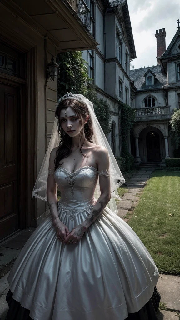 A haunted house, with a scary corpse bride in front, and 3 skeletons next to her
