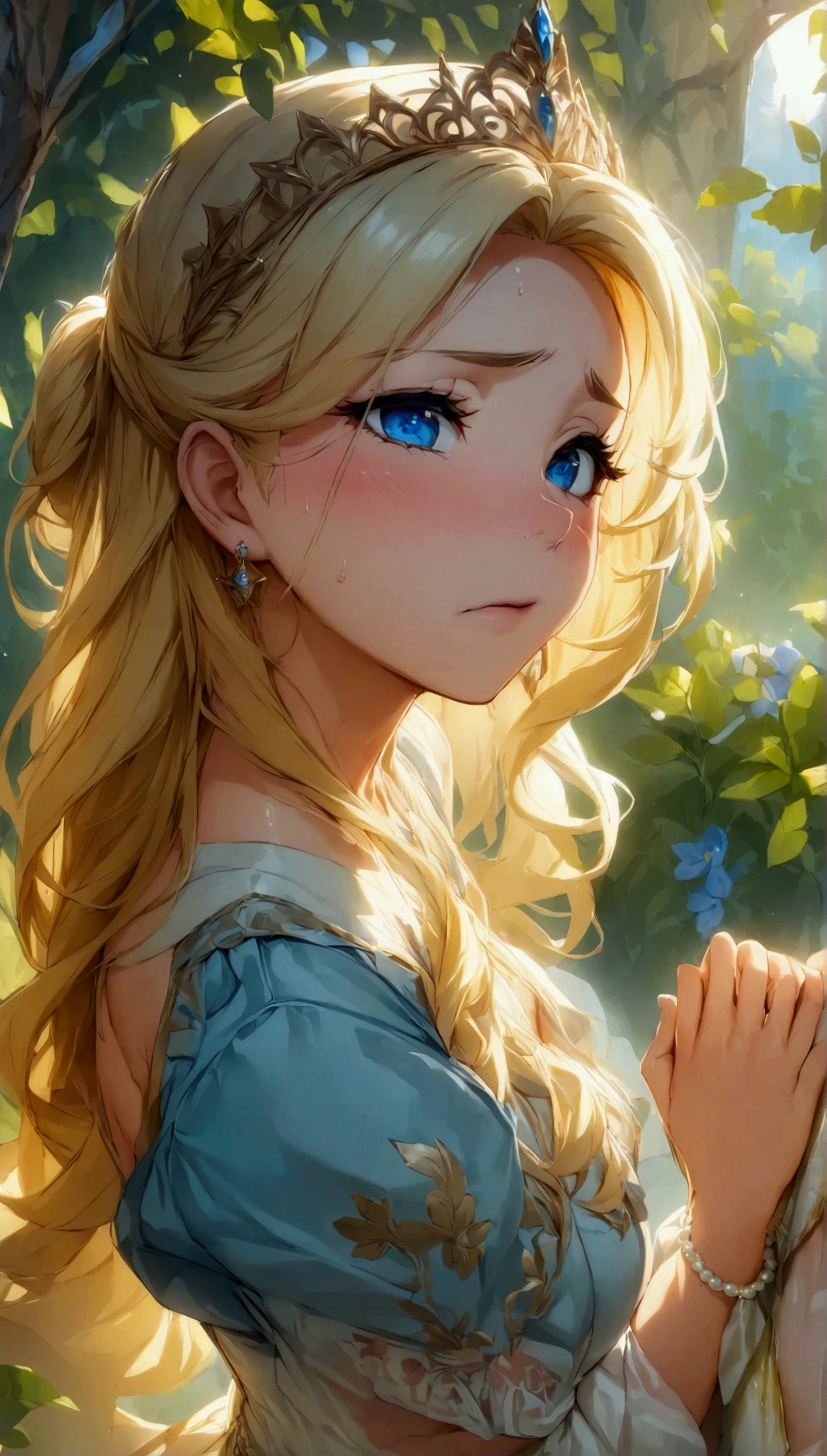 anime. 1 Girl. Cute girl. Princess. Disabled person. Blonde. Long hair. Wavy hair. Blue eyes. Beautiful eyes. Beautiful eyes. Expressive eyes. Ideal face. beautiful nose. 16 years. Medium breasts. Beautiful breasts. Urinary incontinence. Wants to pee. I need to pee. A strong, desperate urge to pee. Hands on crotch. He squeezes his crotch tightly. Rubs the crotch. She peed herself. Urine
flows down your thighs. Ideal anatomical body. Beautiful long legs. Diadem. Neat earrings. Pearl necklace. Luxurious white dress. Victorian style dress. White gloves. Heeled shoes. Wheelchair. Sits in a wheelchair. Full height.
The Royal Castle. Royal Garden. Beautiful character design. Shiny skin. Full body. NSFW. Official art. Extremely detailed CG Unity 8k wallpaper. Ideal lighting. Ultra high resolution 4K. Super detailed 8K resolution. A high resolution. Masterpiece. Best quality.