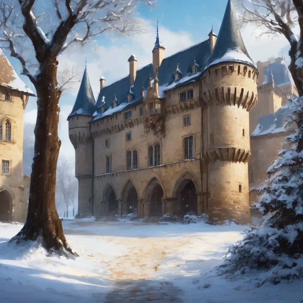 Beautiful medieval castle, courtyard, winter, lots of snow, france, old tree, digital painting, various details