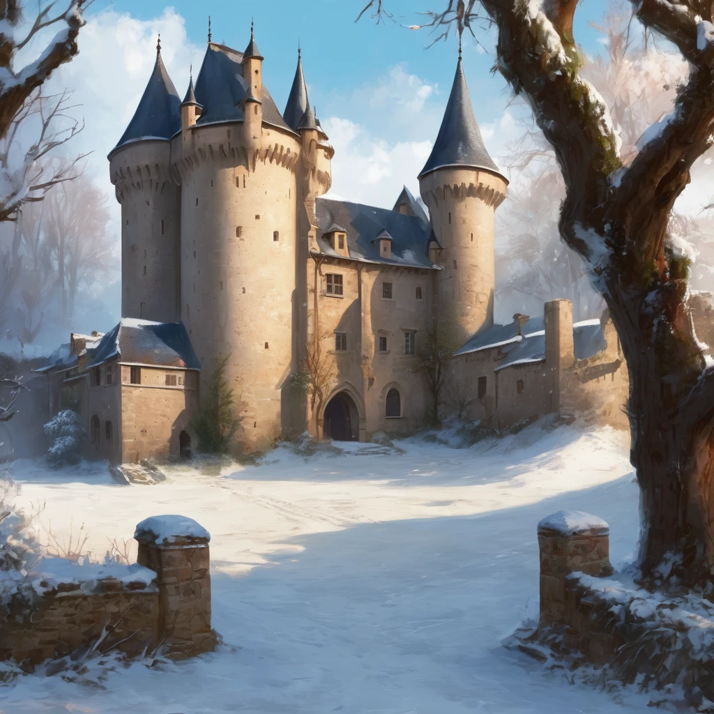 Beautiful medieval castle, courtyard, winter, lots of snow, france, old tree, digital painting, various details