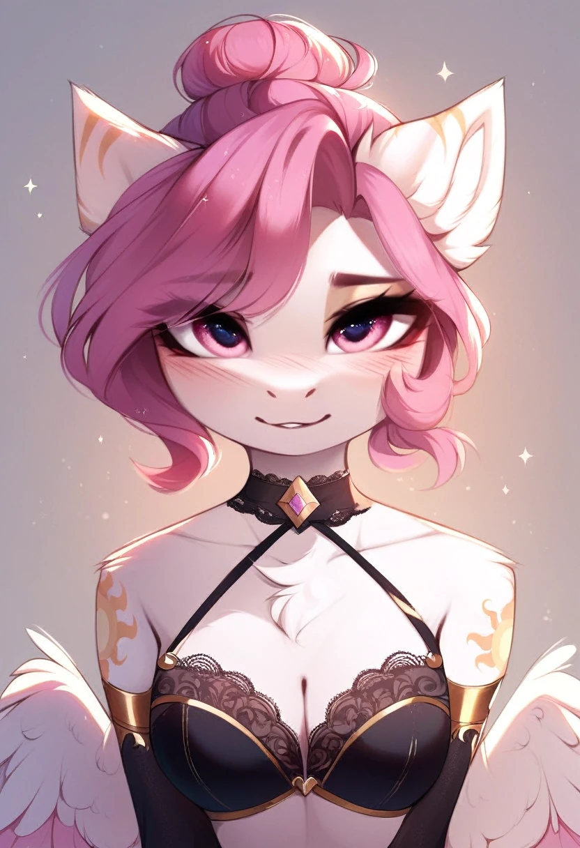 check_9, check_8_up, check_7_up, source_fluffy, rating_safe, from Magnaluna, Celestia poses seductively in a white bedroom, dark pink mane with gold stripes in it, hair bun with bangs, pink eyes, white body, anthro, blushing, wearing goldern lingerie 