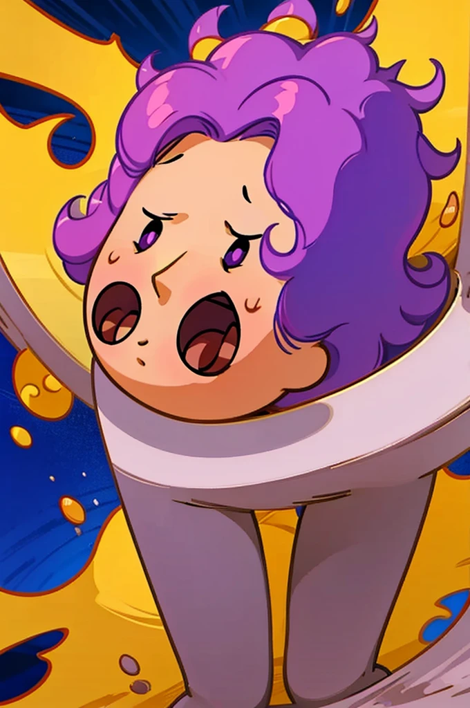Develop a drawing in the style of Turma da Mônica, characterized by the design . The drawing must portray a young male with an introspective expression. He is wearing a purple shirt and has purple pupils. Her hair is brown. Use shading to add depth and texture to the scene, emphasizing the emotional gravity of the moment.