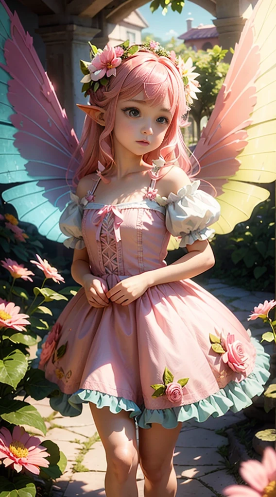 cute little fairy pink wings pink angel wings pink hair pointy ears flower crown flower dress lots of flowers leaves standing on a big flower