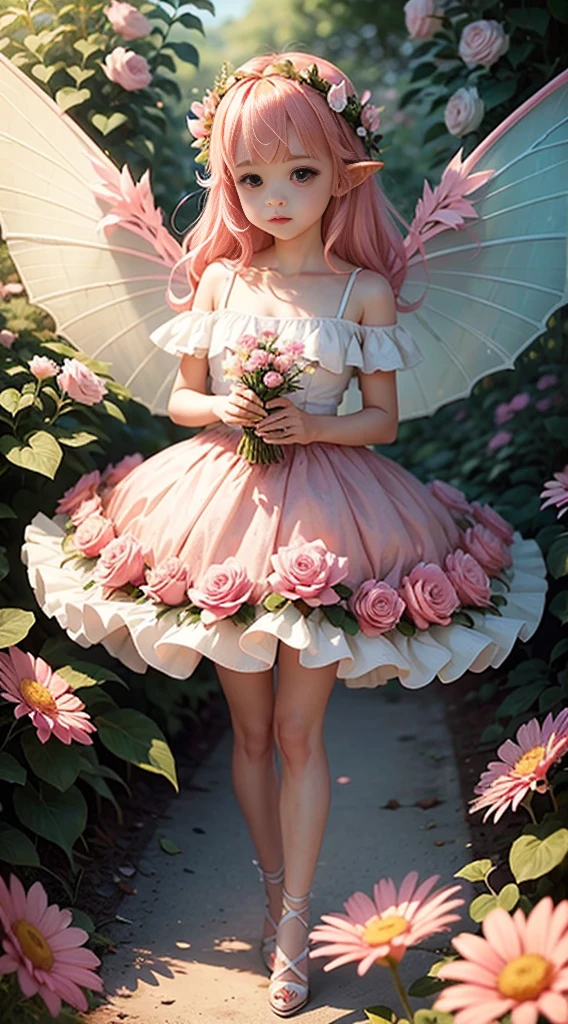 cute little fairy pink wings pink angel wings pink hair pointy ears flower crown flower dress lots of flowers leaves standing on a big flower