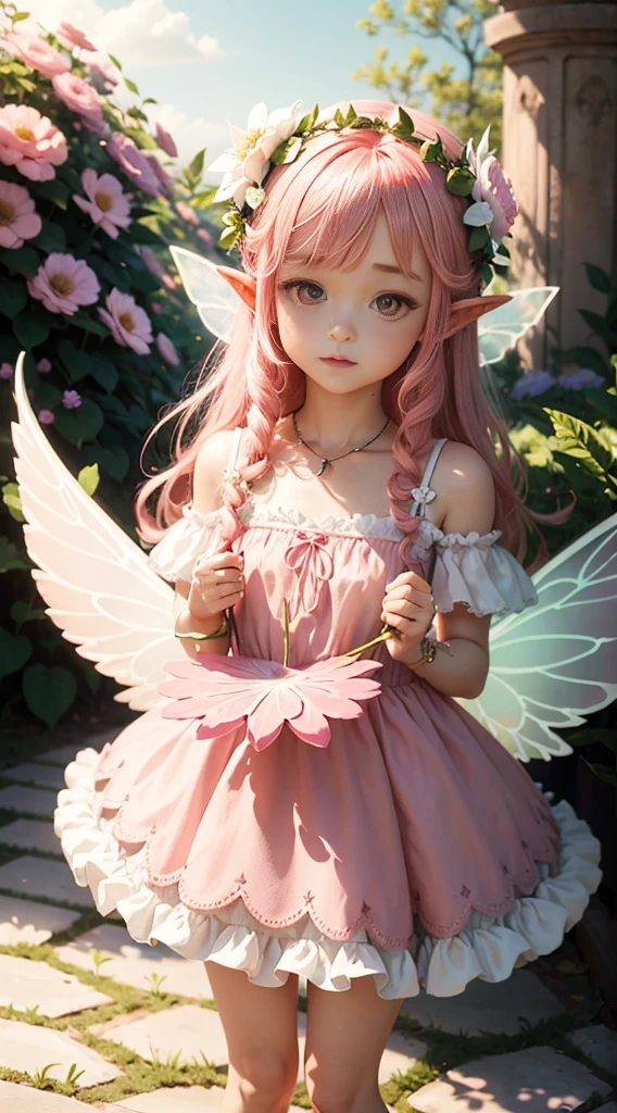 cute little fairy pink wings pink angel wings pink hair pointy ears flower crown flower dress lots of flowers leaves standing on a big flower