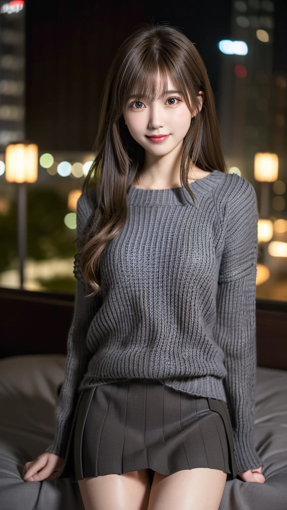 1 Japanese girl,(Dark Gray Sweater:1.4),(skirt:1.2), (RAW Photos, Highest quality), (Realistic, Realistic:1.4), Tabletop, Very delicate and beautiful, Very detailed, 8k wallpaper, wonderful, In detail, Very detailedなCG Unity, High resolution, Soft Light, 美しくIn detail描かれた19歳の少女, Very detailedな目と顔, Beautiful and detailed nose, Beautiful details,Cinema Lighting,City lights at night,Perfect Anatomy,Slender body,smile (My hair is messy, Asymmetrical bangs, Light brown hair,)、Hotel room、On the bed