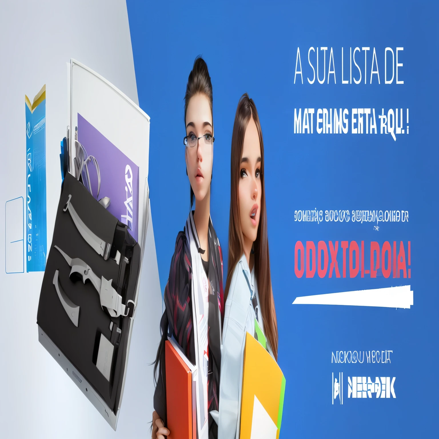 a close-up of two people with a box of scissors, college Schoolgirls, , product introduction photo, male and female, beginner, central subject, center of picture, by Niko Henrichon, No fundo, group shot, commercial banner, mid shot, profile image, by Juan O'Gorman, gen z, with a blue background, advanced technology
