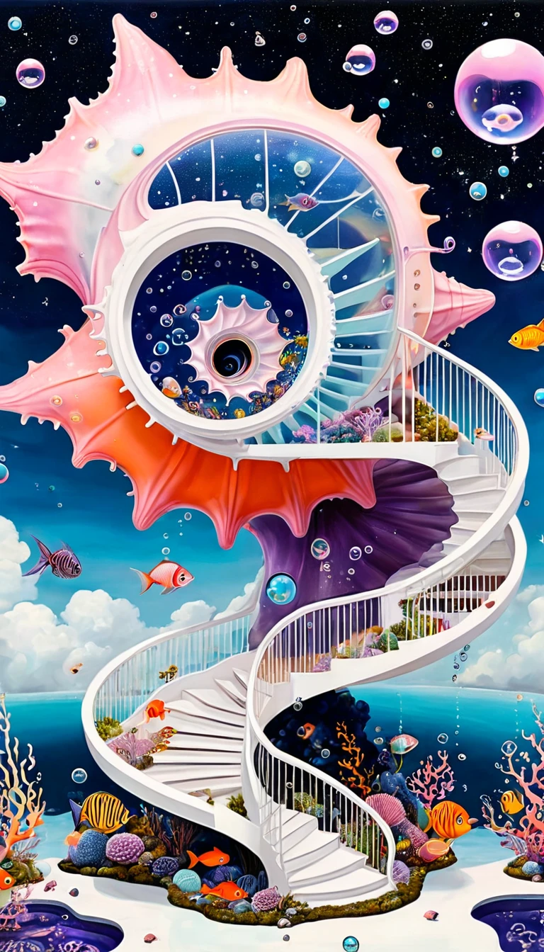 &quot;???? Ellescas Artist Style&quot;,3D transparent conch-shaped swimming pool in the sky，沐浴的章fish，Platform、Starry Sky、cloud，fish、Tentacles、bird、Eye、Soap bubbles，diatom，Spiral Staircase，Stitching together an abstract painting，Sense of space，White Space，interesting，Innocence，Psychedelic Art，Pink theme，Bold contrasts，Purple and Orange