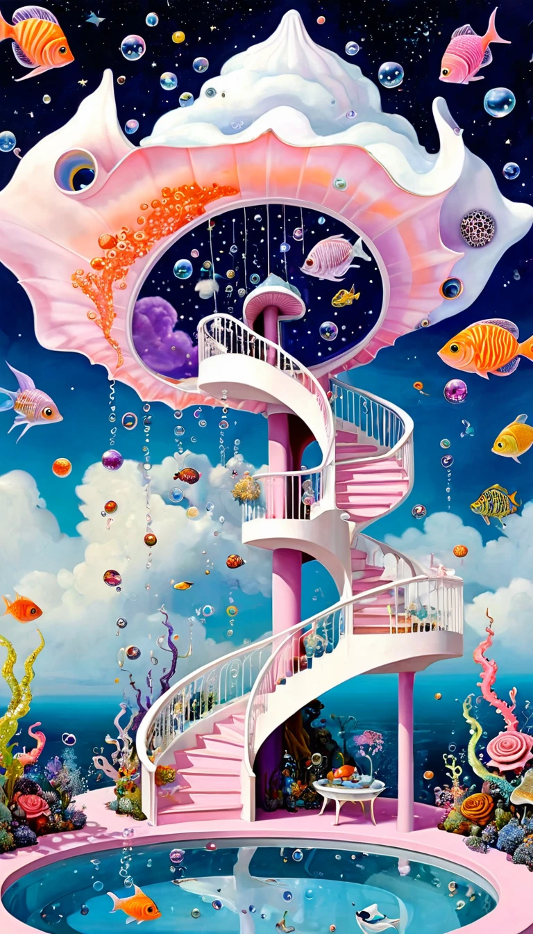 "Dick Ellescas Artist Style",3D transparent conch-shaped swimming pool in the sky,沐浴的章fish,Platform、Starry Sky、cloud,fish、Tentacles、bird、Eye、Soap bubbles,diatom,Spiral Staircase,Stitching together an abstract painting,Sense of space,White Space,interesting,Innocence,Psychedelic Art,Pink theme,Bold contrasts,Purple and Orange