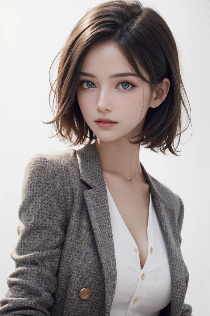 8K Ultra HD、RAWphotograph、モデルphotograph撮影、 European Fashion、(masterpiece、Highest quality、Realistic、High resolution、photograph:1.3)、close、focus on、Hot Model、slim、30 year old mature woman、Small face、No makeup、short hair、Beautiful dark brown Hayne eyes、Genuineスキン、(Perfect body)、Sexy hot face、sexual sight、slim、Tweed jacket、Long sleeve、Button up,Beautiful eyes in every detail、Glossy lips、((Bright light、Dynamic Lighting、Genuine、超Genuine、 realism、Genuineなディテール、Cool Beauty、Cool pose、Background white、Plain white background