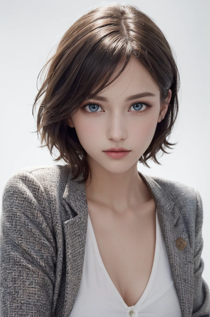 8K Ultra HD、RAWphotograph、モデルphotograph撮影、 European Fashion、(masterpiece、Highest quality、Realistic、High resolution、photograph:1.3)、close、focus on、Hot Model、slim、30 year old mature woman、Small face、No makeup、short hair、Beautiful dark brown Hayne eyes、Genuineスキン、(Perfect body)、Sexy hot face、sexual sight、slim、Tweed jacket、Long sleeve、Button up,Beautiful eyes in every detail、Glossy lips、((Bright light、Dynamic Lighting、Genuine、超Genuine、 realism、Genuineなディテール、Cool Beauty、Cool pose、Background white、Plain white background