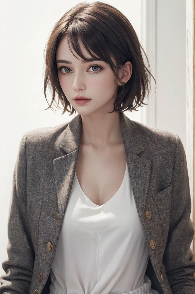 8K Ultra HD、RAWphotograph、モデルphotograph撮影、 European Fashion、(masterpiece、Highest quality、Realistic、High resolution、photograph:1.3)、close、focus on、Hot Model、slim、30 year old mature woman、Small face、No makeup、short hair、Beautiful dark brown Hayne eyes、Genuineスキン、(Perfect body)、Sexy hot face、sexual sight、slim、Tweed jacket、Long sleeve、Button up,Beautiful eyes in every detail、Glossy lips、((Bright light、Dynamic Lighting、Genuine、超Genuine、 realism、Genuineなディテール、Cool Beauty、Cool pose、Background white、Plain white background