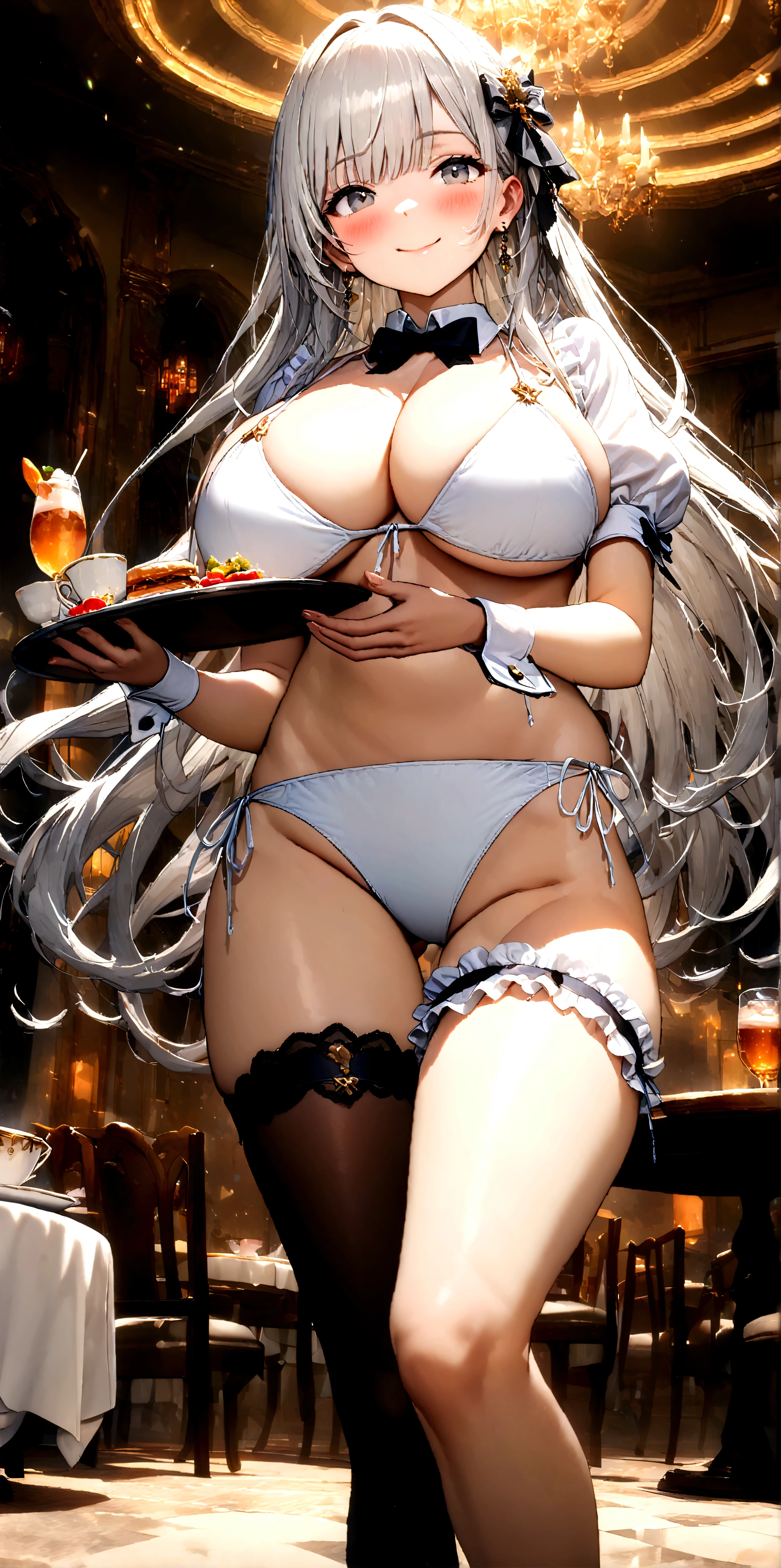 ((32k)), ((best quality)), ((ultra high res)), ((HDR)), ((UHD)), ((extremely detailed CG)), ((unity 32k wallpaper)), (1girl), ((18 years old)), (ideal ratio body proportions), very long hair, looking at viewer, blush, smile, bangs, thighhighs, bow, holding, cleavage, jewelry, (((white bikini))), (huge breasts), closed mouth, standing, swimsuit, (white hair), short sleeves, bikini, ((cowboy shot)), earrings, frills, food, black thighhighs, indoors, bowtie, cup, puffy short sleeves, wrist cuffs, grey eyes, thigh strap, detached collar, side-tie bikini bottom, thigh gap, table, single thighhigh, plate, tray, teacup, bridal garter, holding tray, ((from below)),