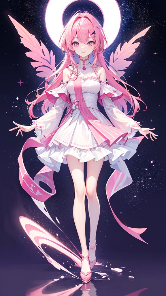 ((Highest quality))、((4K))、((Full Body Shot: 1.5))、((Pink Hair))、Big smile、Slim style、Beautiful long legs、((The background is blurred and I can&#39;t see anything))、(down view),Dynamic Angle,Ultra-detailed, illustration, Close-up, straight on, 1girll, (fantasy:1.4), (azureblueeyes:1.233),Her eyes shone like dreamy stars,(Glowing eyes:1.233),(Beautiful and detailed eyes:1.1),(Silver hair:1.14),(Messy hair,Very long hair,french braid,hair between eye,side locks), (+(bule hair flower:1.14)),(Chiffon dress,bule flower pattern in uniform)/=(army suit:1.24),(Detached sleeves,Wide sleeves),(Fingerless gloves),choker necklace,(miko thighhighs),high heels boots,(Expressionless,Closed mouth),(standing), (Classical princess boudoir with dressing table and floor-to-ceiling windows in a white ancient palace),(White flowers,full bloom),(abyssal),(Flowing water),(a dull blue world tree:1.14),(ruins),(Night:1.2),Dreamy,soul,(Fluorescence),(flying translucent blue butterflies:1.15), [[Delicate fingers and hands:0.55]::0.85],(Detail fingers),(yubao:0.5),