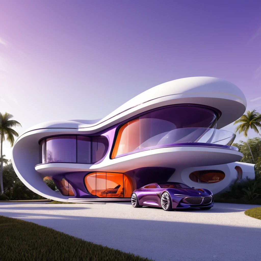 a futuristic house with a car parked in front of it, cgsocietywlop, beautiful curves, purple and orange drapes, intricate devilish designs, qualia, interesting shapes & form, wow factor, elaborate polished, architectural rendering, miami, futuristic battlefield, inspired by James E. Brewton, precise architectural rendering