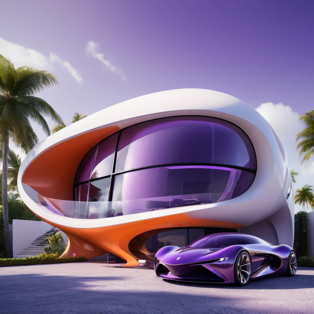 a futuristic house with a car parked in front of it, cgsocietywlop, beautiful curves, purple and orange drapes, intricate devilish designs, qualia, interesting shapes & form, wow factor, elaborate polished, architectural rendering, miami, futuristic battlefield, inspired by James E. Brewton, precise architectural rendering