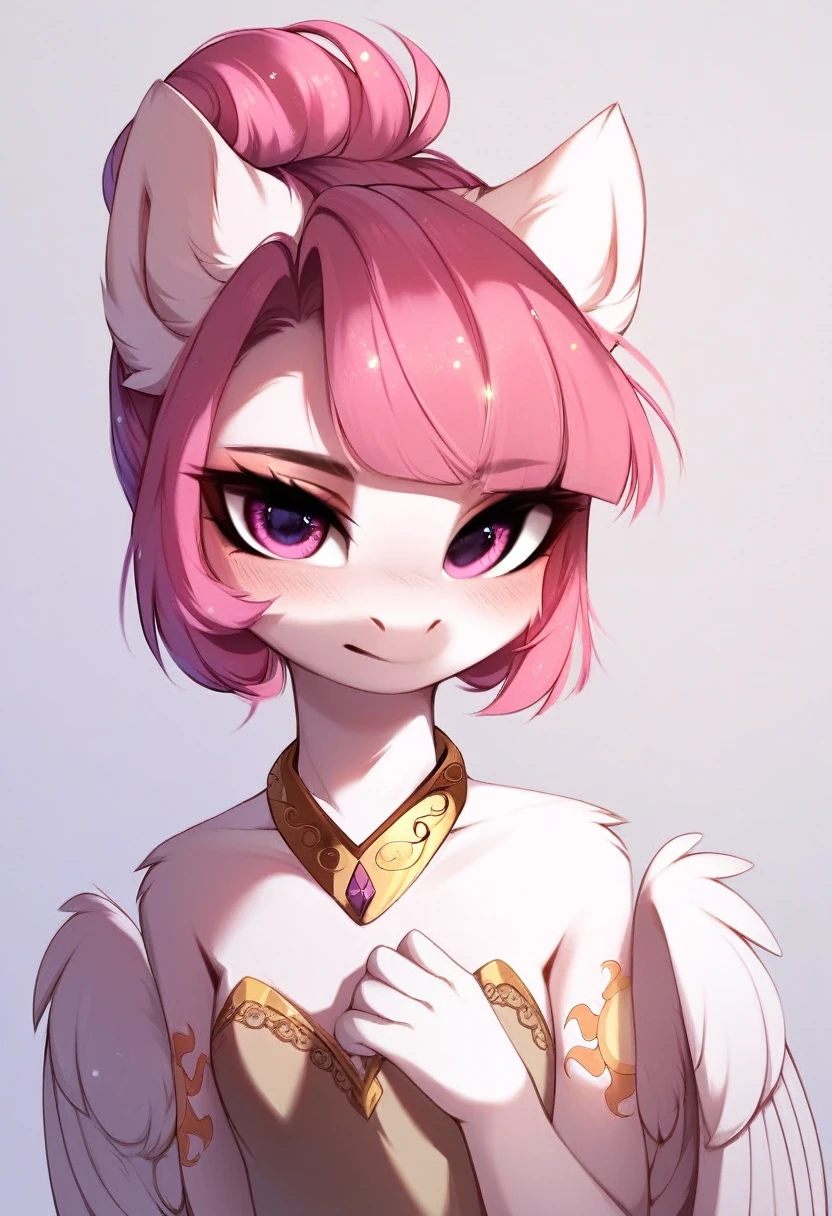 check_9, check_8_up, check_7_up, source_fluffy, rating_safe, from Magnaluna, Celestia poses seductively in a white bedroom, dark pink mane with gold stripes in it, hair bun with bangs, pink eyes, white body, anthro, blushing, wearing goldern lingerie